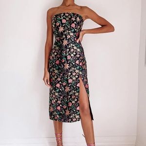 Lulus Black Make a Move Satin Floral Jacquard Strapless Midi Dress - S